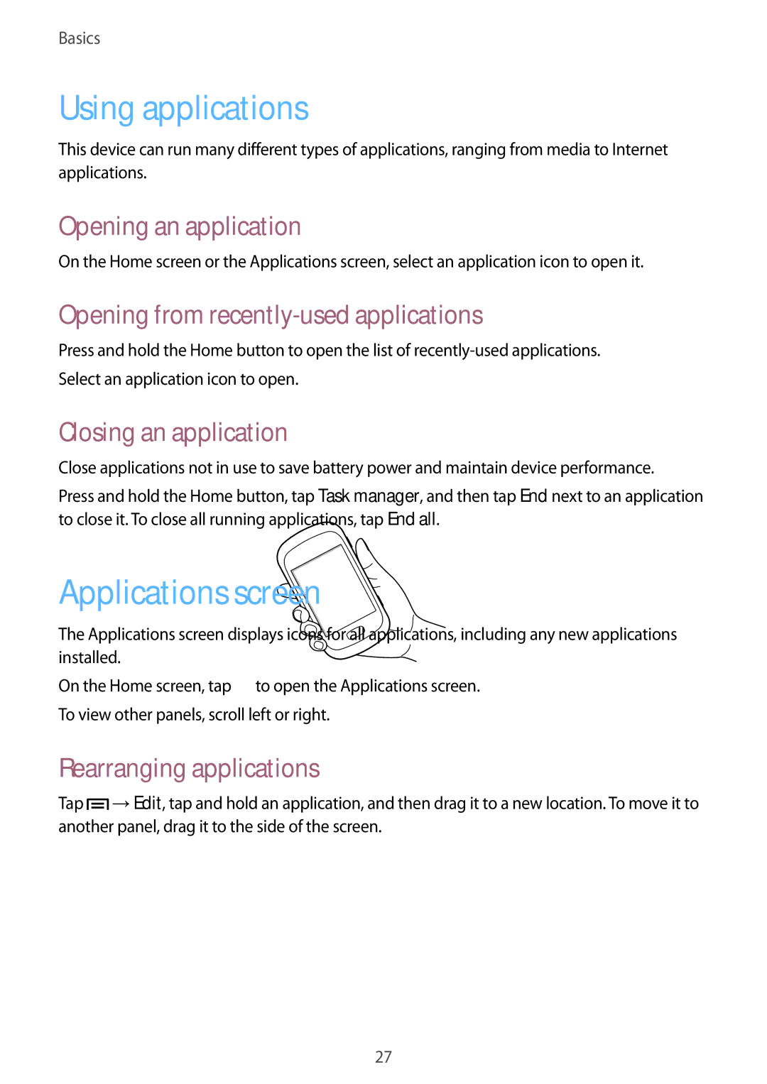 Samsung GT-S6010BBADBT, GT-S6010BBAITV, GT-S6010RWAITV manual Using applications, Applications screen 