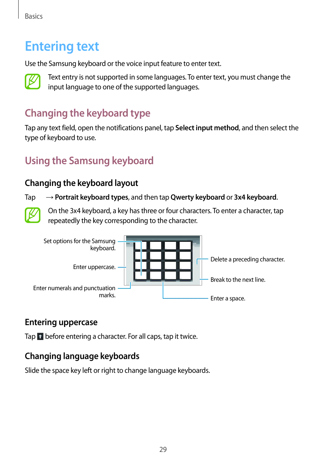 Samsung GT-S6010RWAITV, GT-S6010BBADBT manual Entering text, Changing the keyboard type, Using the Samsung keyboard 