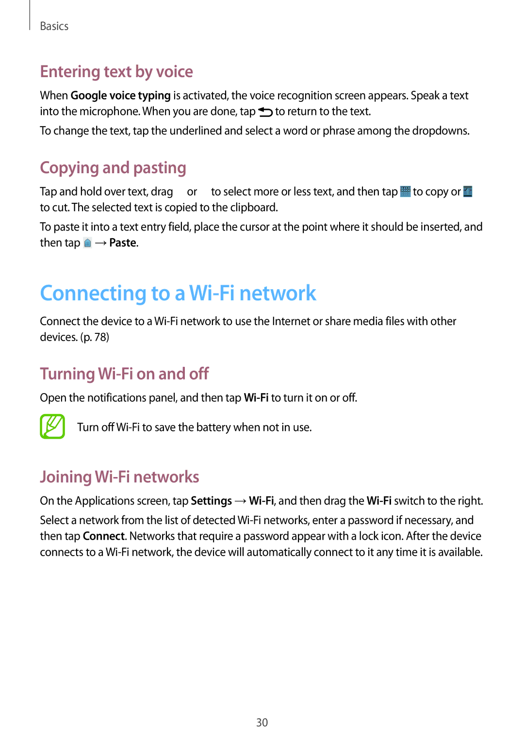 Samsung GT-S6010BBADBT Connecting to a Wi-Fi network, Entering text by voice, Copying and pasting, Joining Wi-Fi networks 