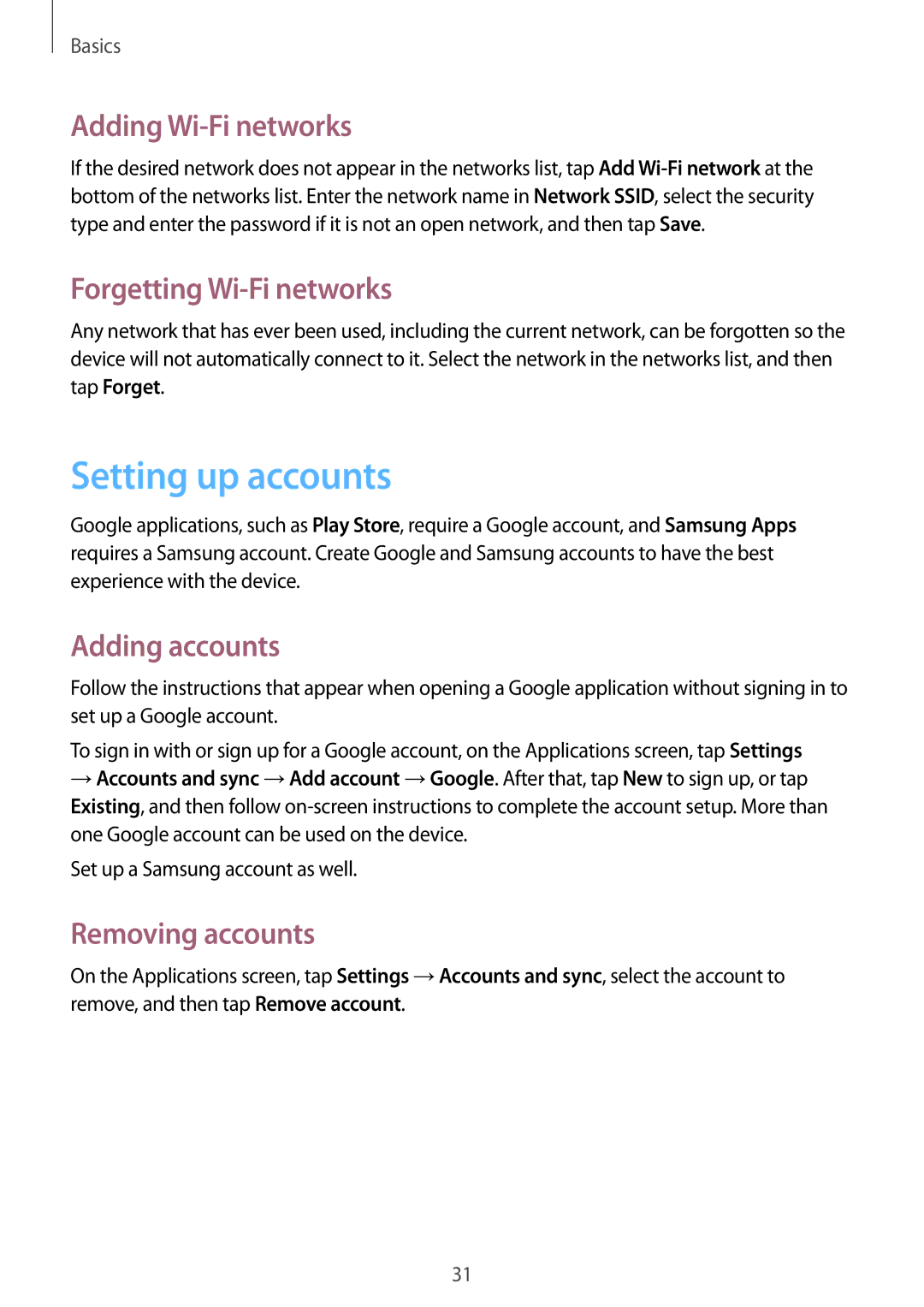 Samsung GT-S6010BBAITV manual Setting up accounts, Adding Wi-Fi networks, Forgetting Wi-Fi networks, Adding accounts 