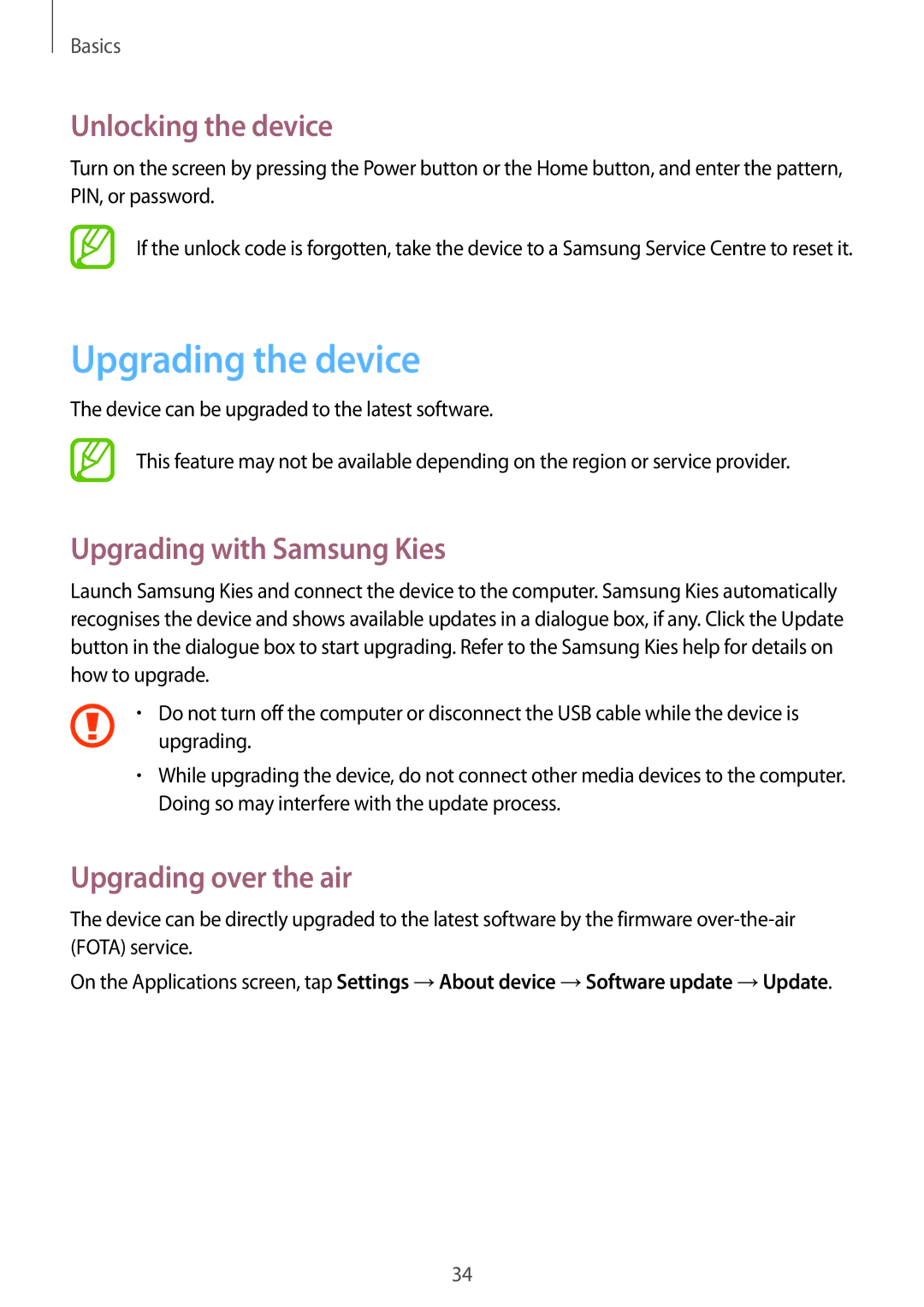 Samsung GT-S6010BBAITV Upgrading the device, Unlocking the device, Upgrading with Samsung Kies, Upgrading over the air 