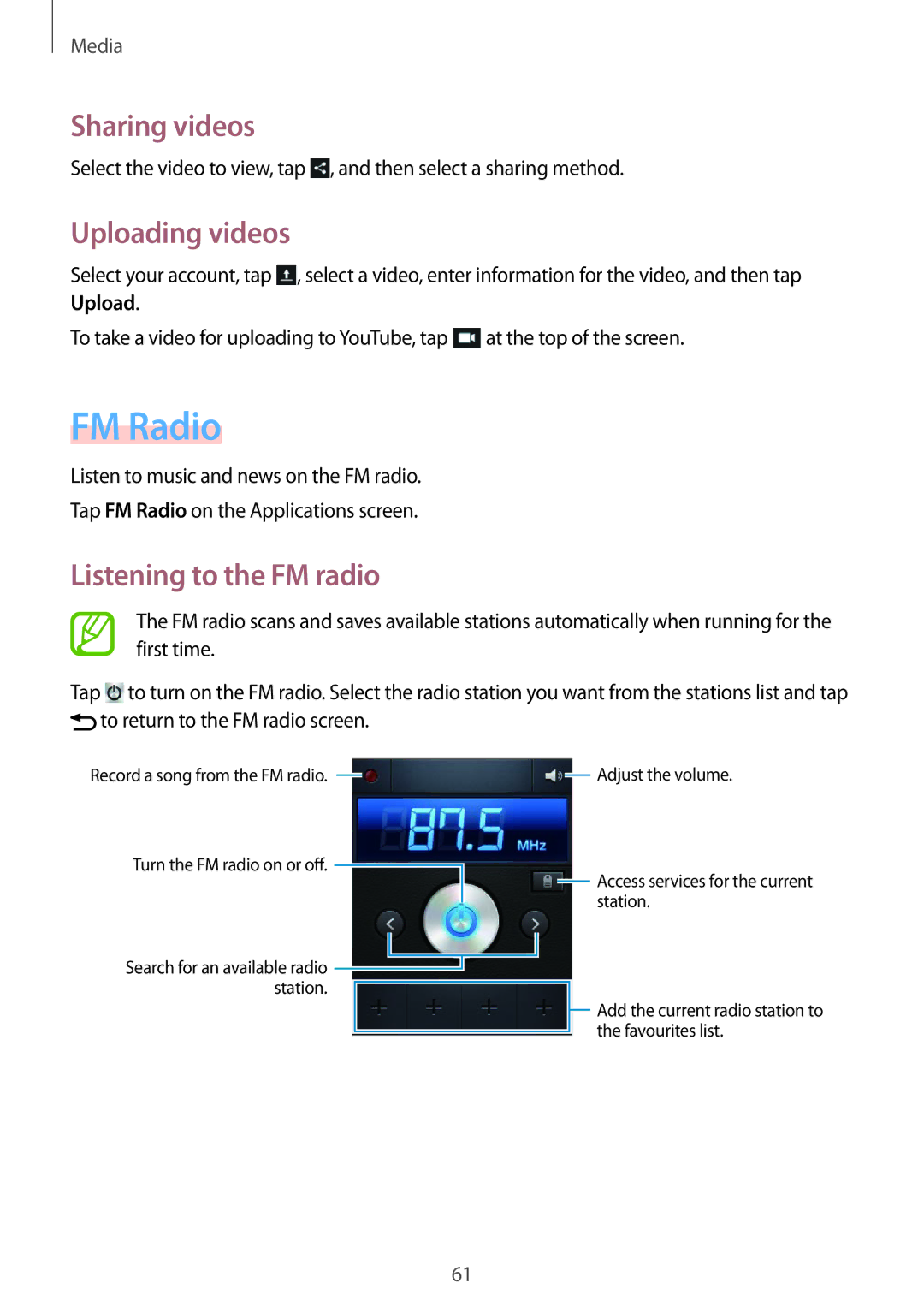 Samsung GT-S6010BBAITV, GT-S6010BBADBT, GT-S6010RWAITV manual FM Radio, Uploading videos, Listening to the FM radio 