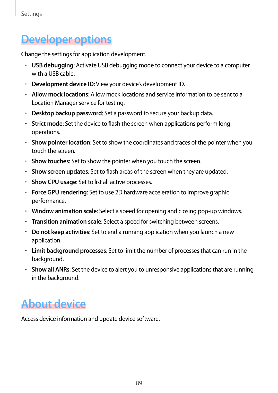 Samsung GT-S6010RWAITV, GT-S6010BBADBT, GT-S6010BBAITV manual Developer options, About device 