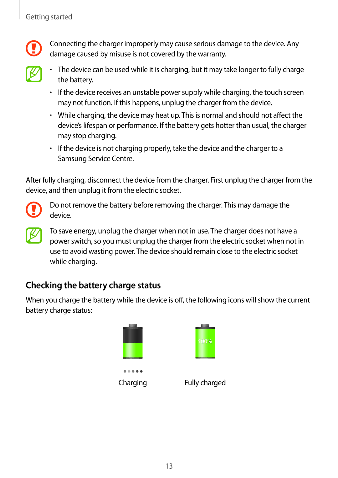 Samsung GT-S6010BBAITV, GT-S6010BBADBT, GT-S6010RWAITV manual Checking the battery charge status 