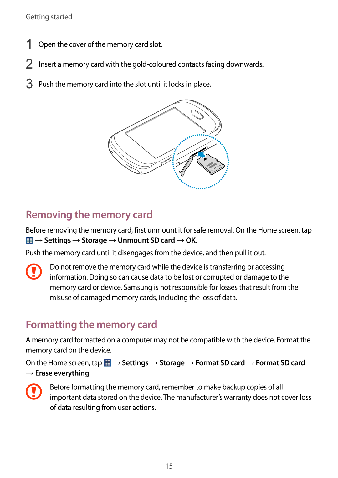 Samsung GT-S6010BBADBT manual Removing the memory card, Formatting the memory card, →Settings →Storage →Unmount SD card →OK 