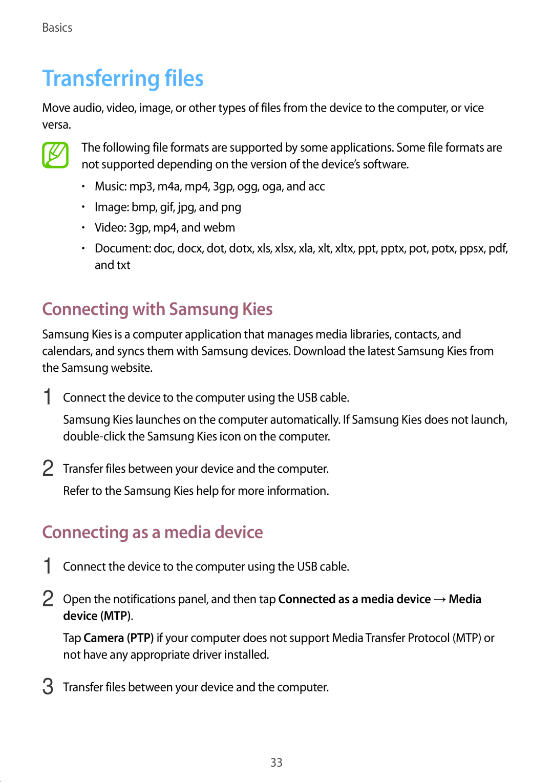 Samsung GT-S6010BBADBT manual Transferring files, Connecting with Samsung Kies, Connecting as a media device, Device MTP 