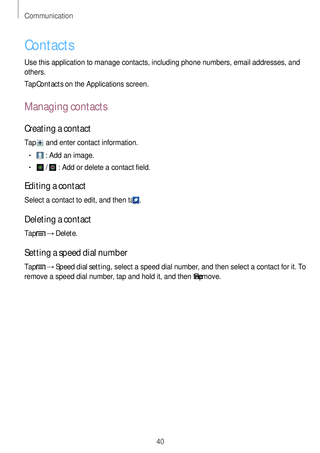 Samsung GT-S6010BBAITV, GT-S6010BBADBT, GT-S6010RWAITV manual Contacts, Managing contacts 