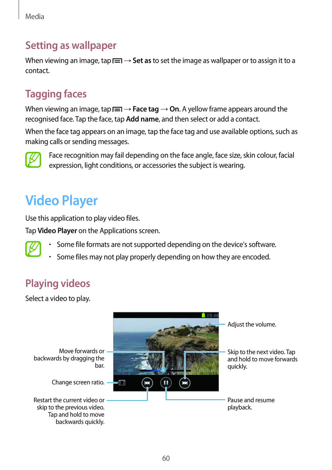 Samsung GT-S6010BBADBT, GT-S6010BBAITV, GT-S6010RWAITV manual Video Player, Setting as wallpaper, Tagging faces 