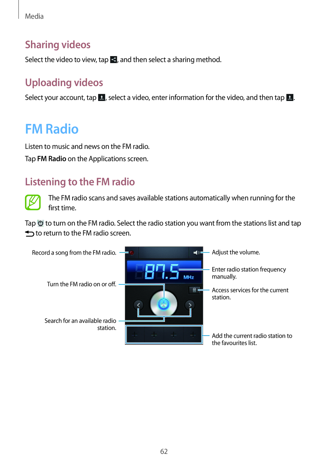 Samsung GT-S6010RWAITV, GT-S6010BBADBT, GT-S6010BBAITV manual FM Radio, Uploading videos, Listening to the FM radio 