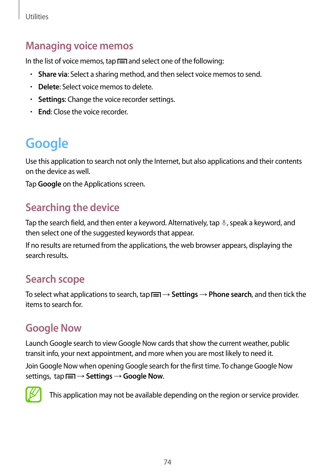 Samsung GT-S6010RWAITV, GT-S6010BBADBT manual Managing voice memos, Searching the device, Search scope, Google Now 