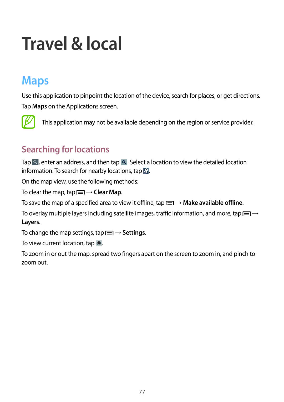 Samsung GT-S6010RWAITV, GT-S6010BBADBT, GT-S6010BBAITV manual Travel & local, Maps, Searching for locations 