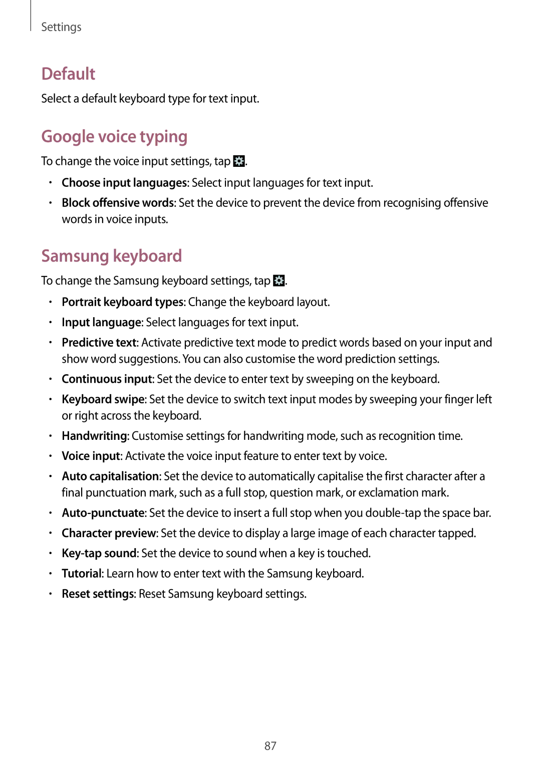 Samsung GT-S6010BBADBT, GT-S6010BBAITV, GT-S6010RWAITV manual Default, Google voice typing, Samsung keyboard 