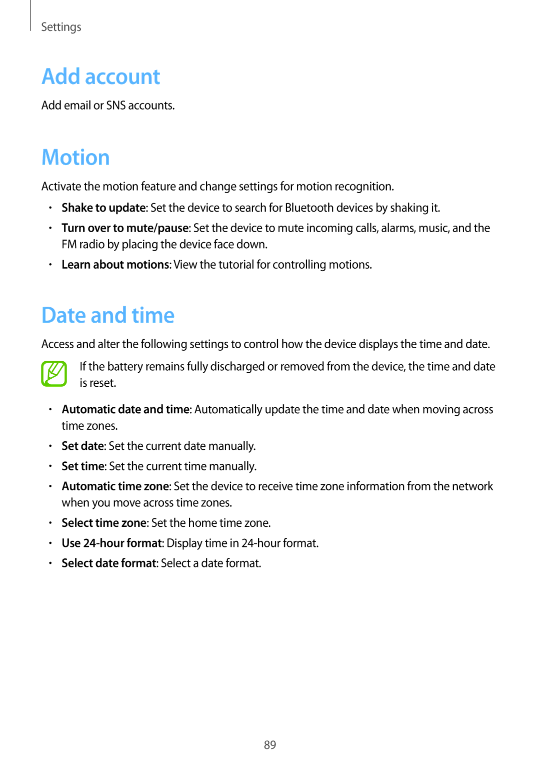 Samsung GT-S6010RWAITV, GT-S6010BBADBT, GT-S6010BBAITV manual Add account, Motion, Date and time 