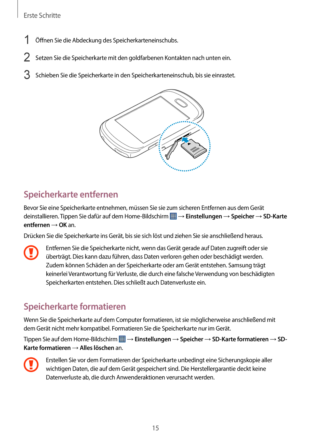 Samsung GT-S6010BBADBT manual Speicherkarte entfernen, Speicherkarte formatieren 