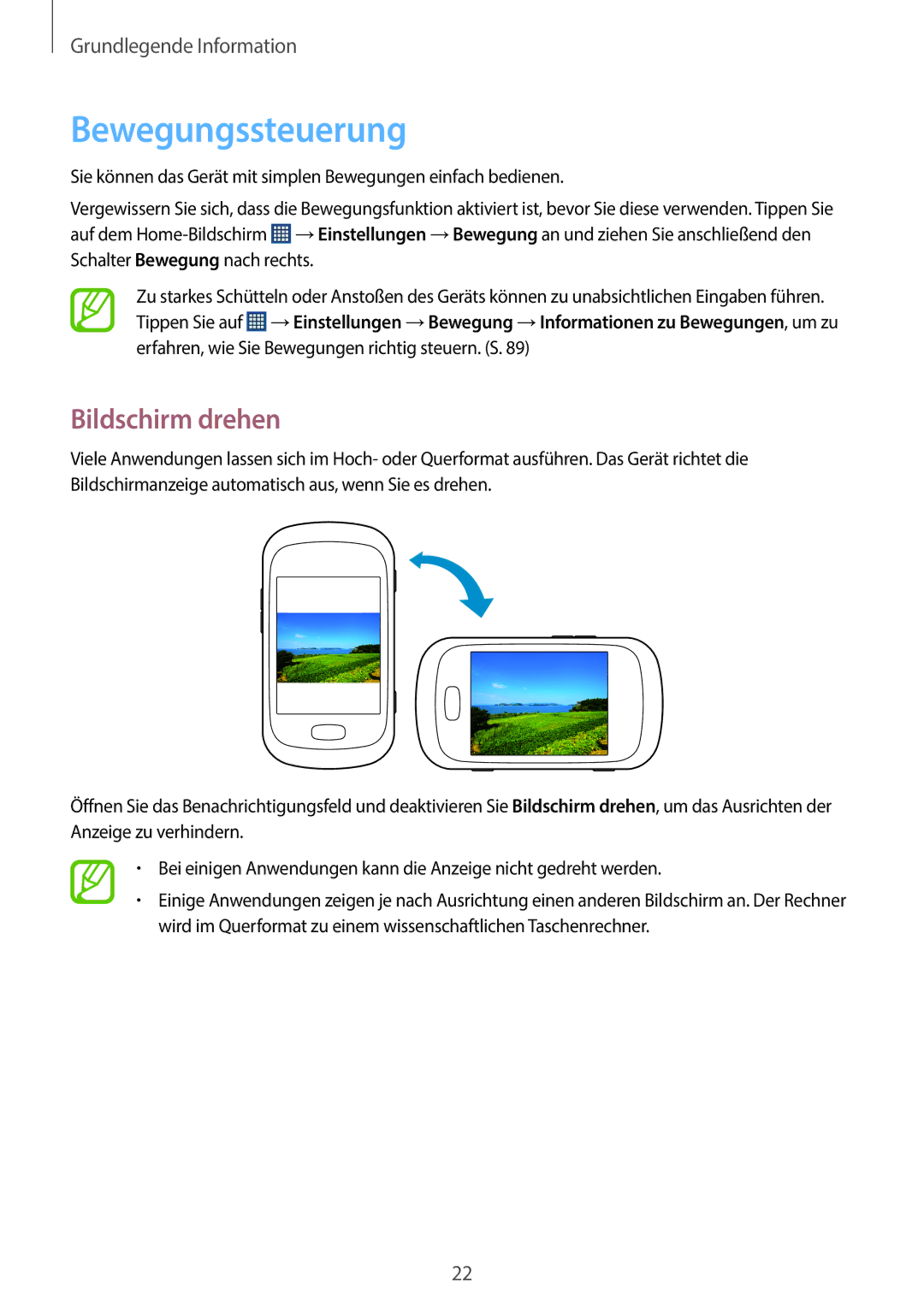 Samsung GT-S6010BBADBT manual Bewegungssteuerung, Bildschirm drehen 