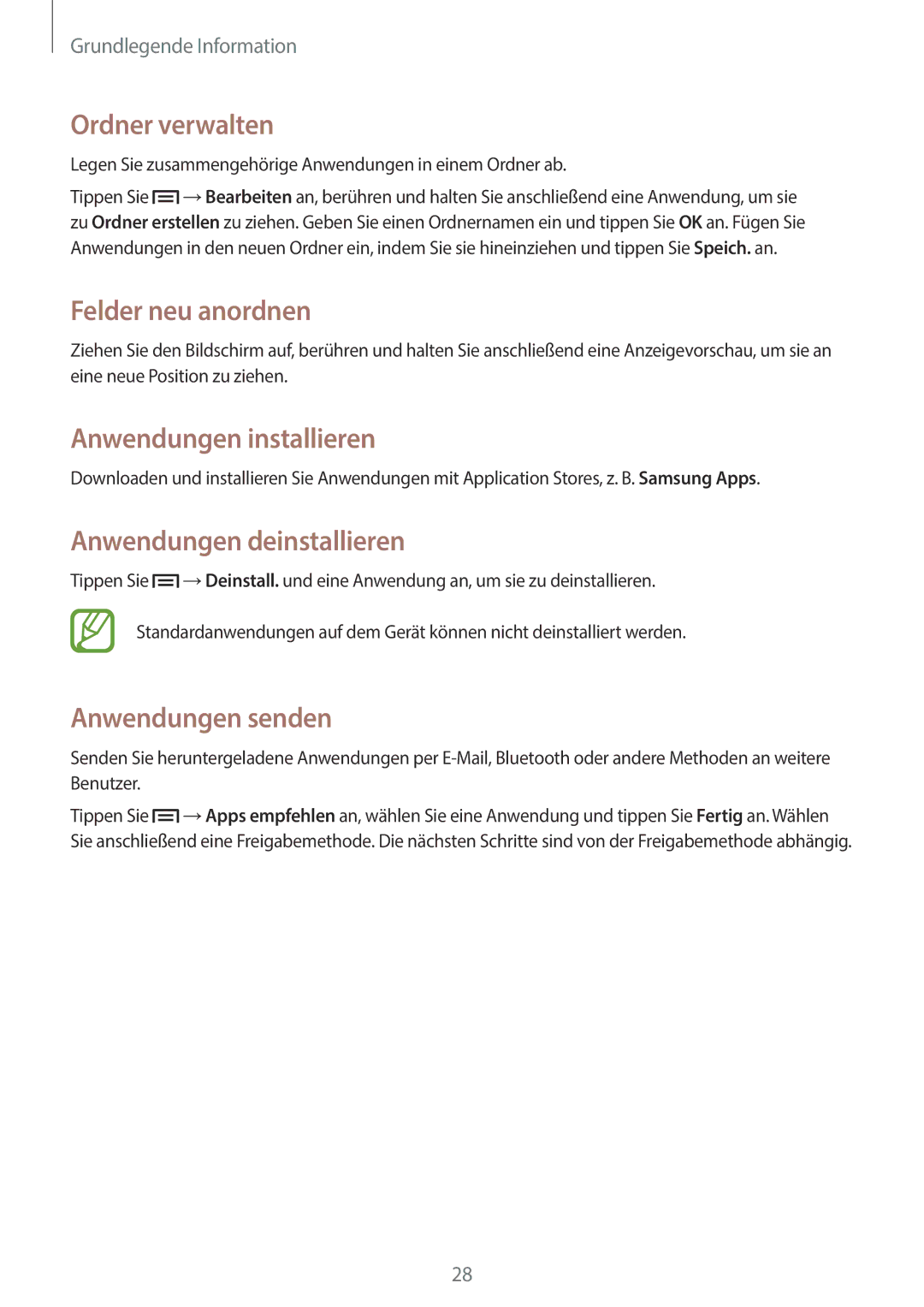 Samsung GT-S6010BBADBT manual Ordner verwalten, Anwendungen installieren, Anwendungen deinstallieren, Anwendungen senden 