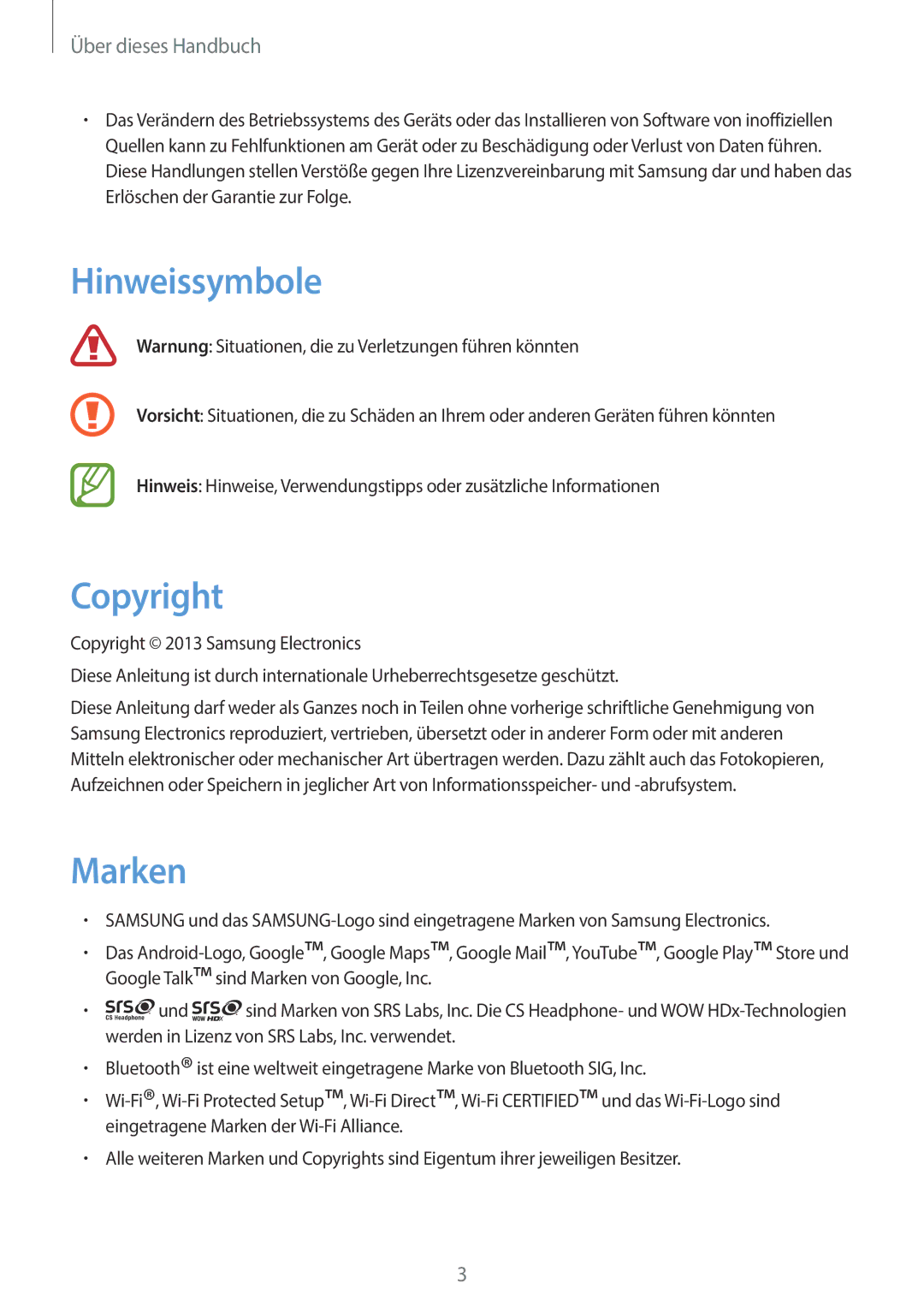 Samsung GT-S6010BBADBT manual Hinweissymbole, Copyright, Marken 