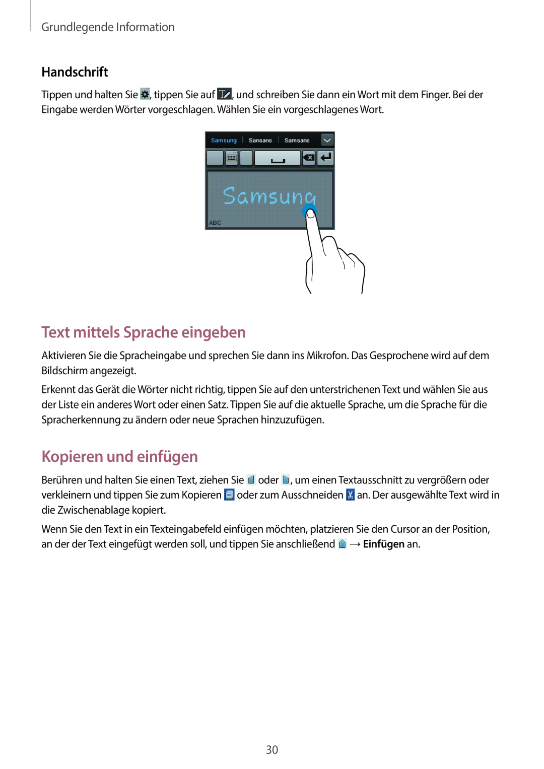 Samsung GT-S6010BBADBT manual Text mittels Sprache eingeben, Kopieren und einfügen, Handschrift 