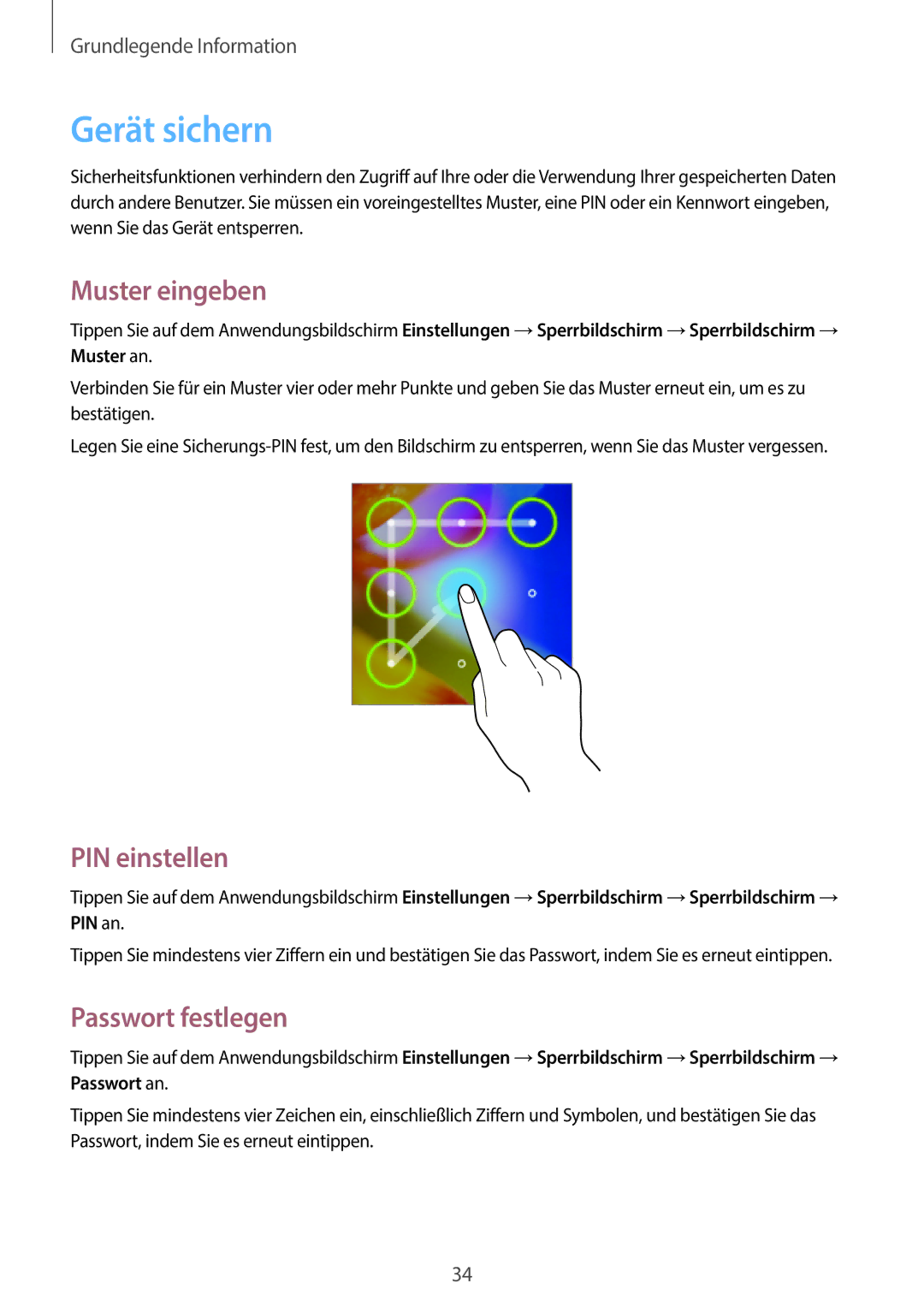 Samsung GT-S6010BBADBT manual Gerät sichern, Muster eingeben, PIN einstellen, Passwort festlegen 