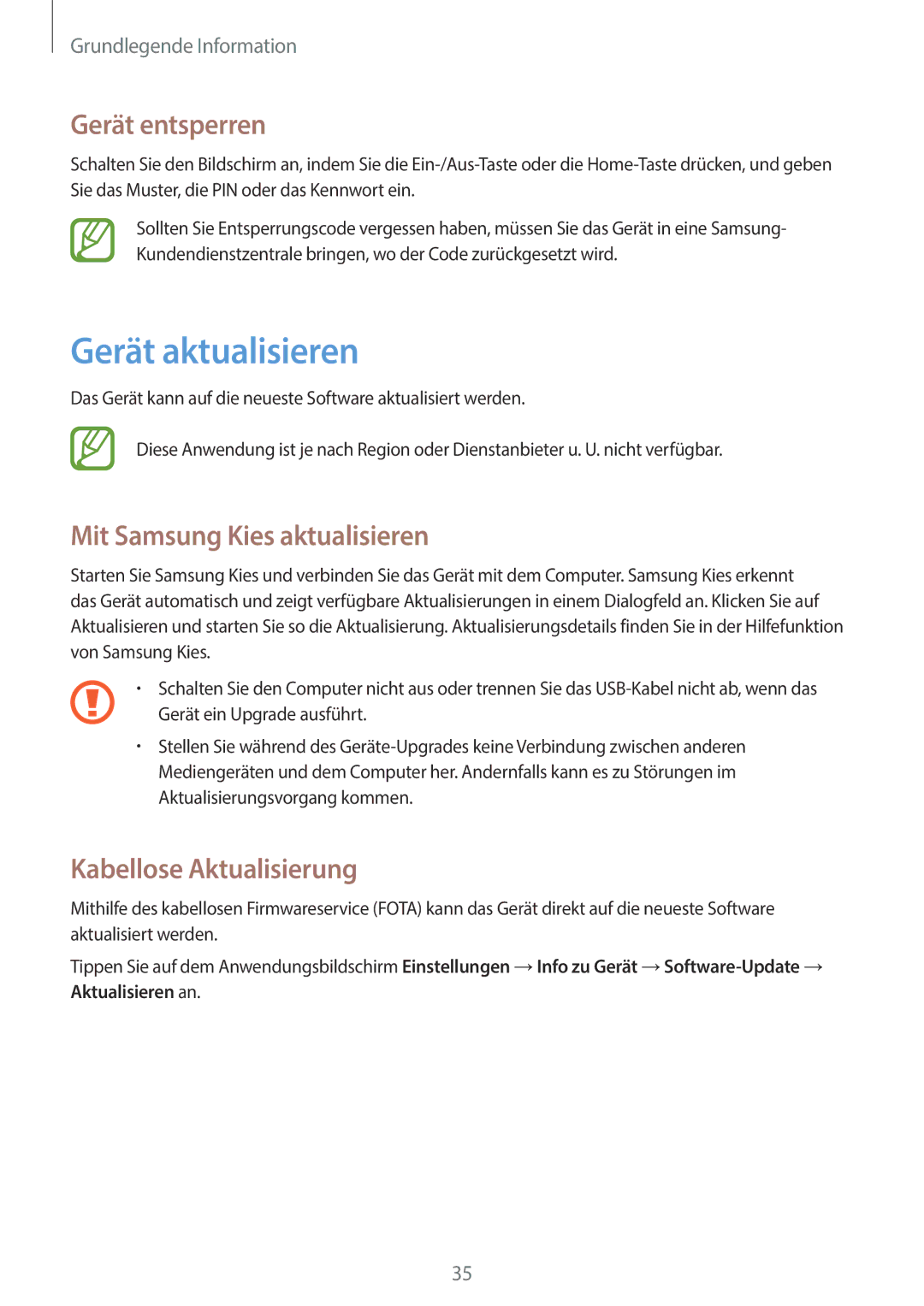 Samsung GT-S6010BBADBT Gerät aktualisieren, Gerät entsperren, Mit Samsung Kies aktualisieren, Kabellose Aktualisierung 