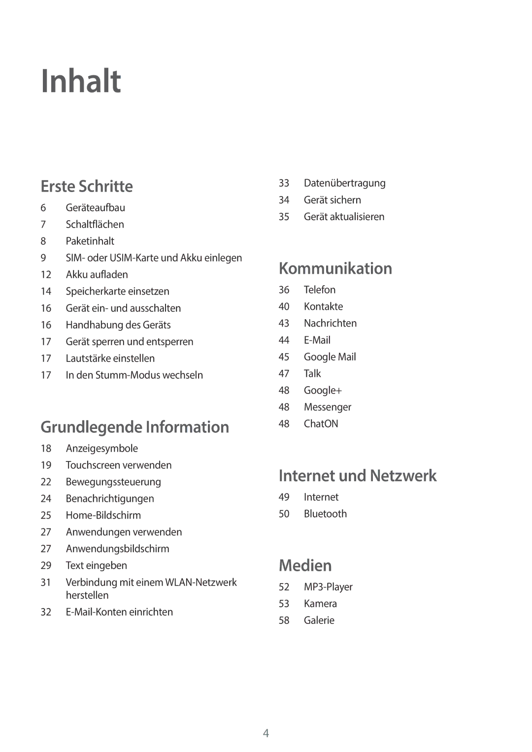 Samsung GT-S6010BBADBT manual Inhalt, Erste Schritte 