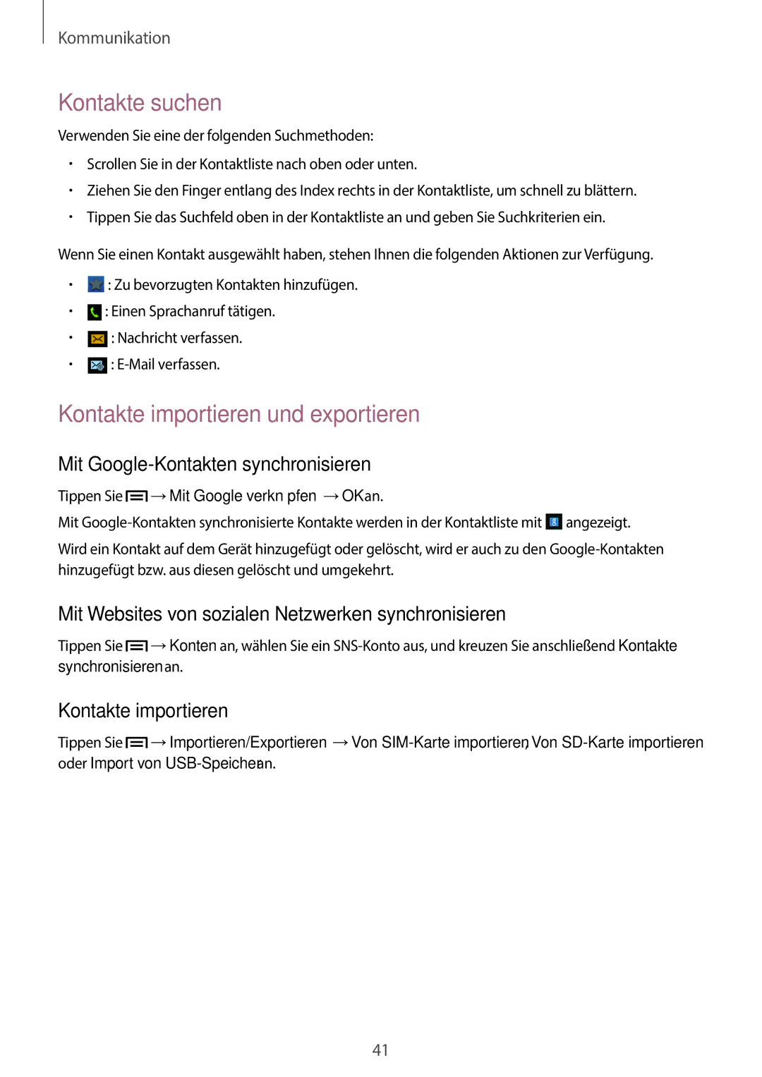 Samsung GT-S6010BBADBT manual Kontakte suchen, Kontakte importieren und exportieren, Mit Google-Kontakten synchronisieren 