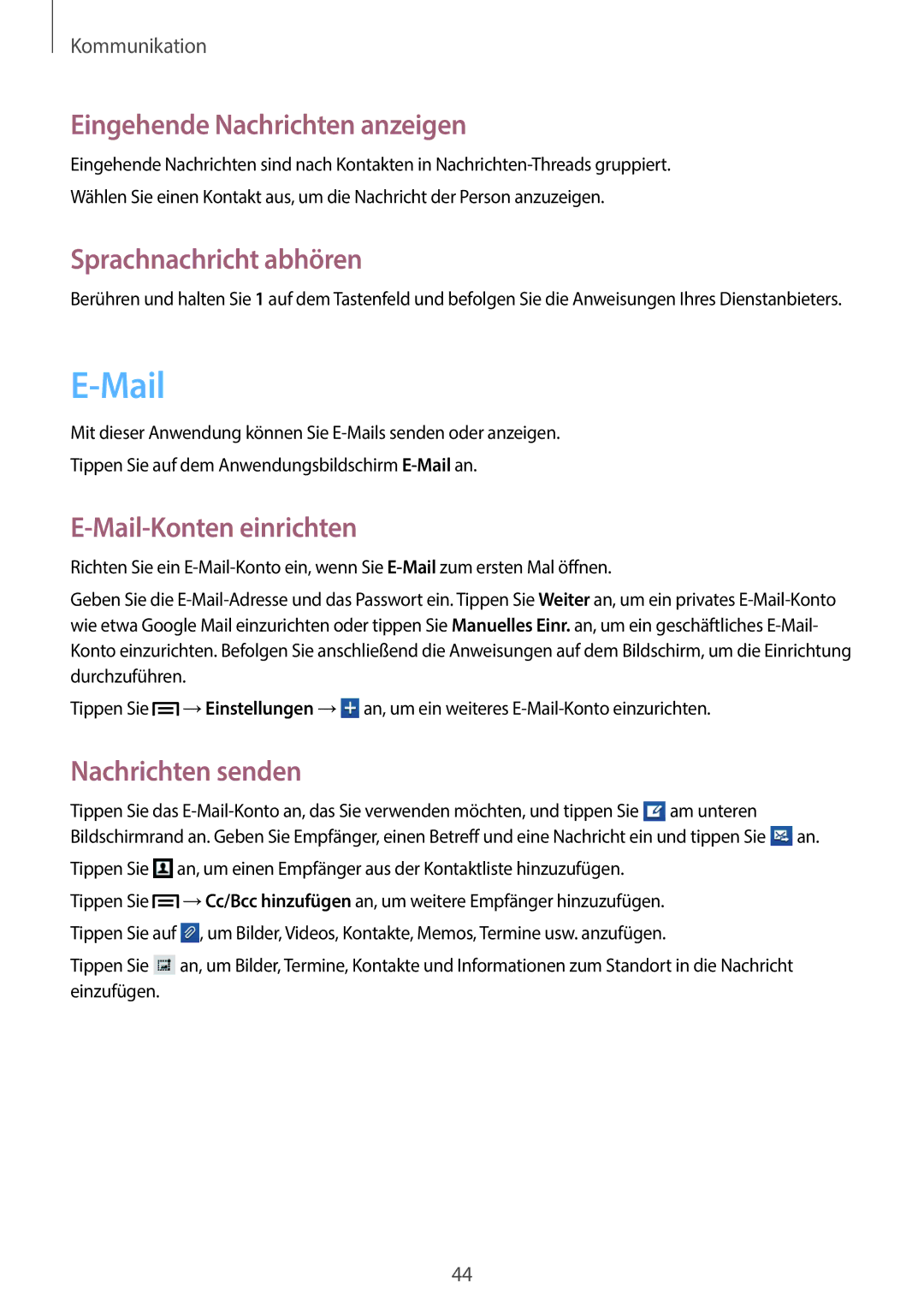 Samsung GT-S6010BBADBT manual Eingehende Nachrichten anzeigen, Sprachnachricht abhören, Mail-Konten einrichten 