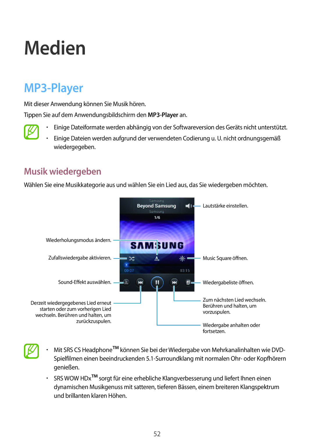 Samsung GT-S6010BBADBT manual Medien, MP3-Player, Musik wiedergeben 