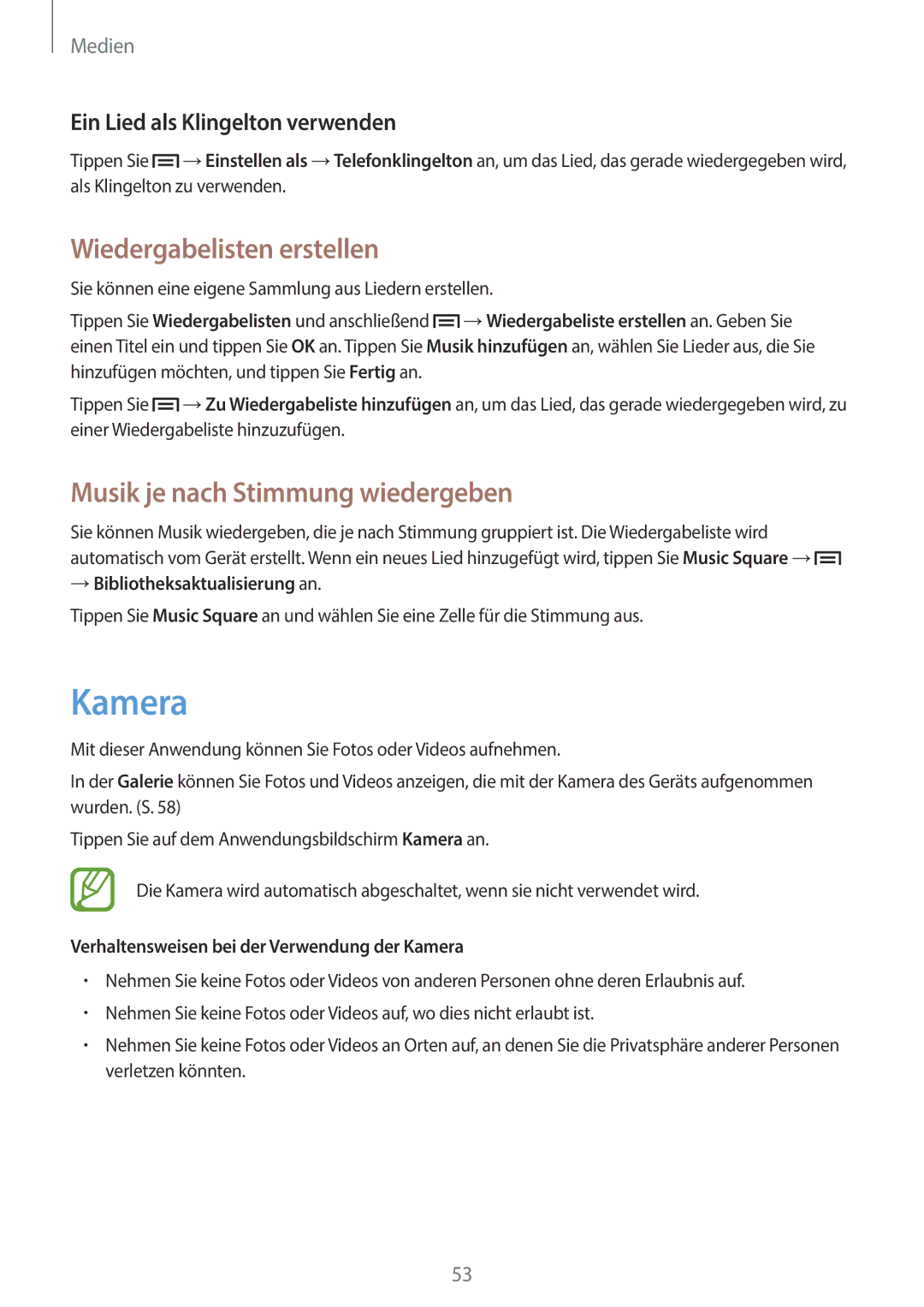 Samsung GT-S6010BBADBT manual Kamera, Wiedergabelisten erstellen, Musik je nach Stimmung wiedergeben 