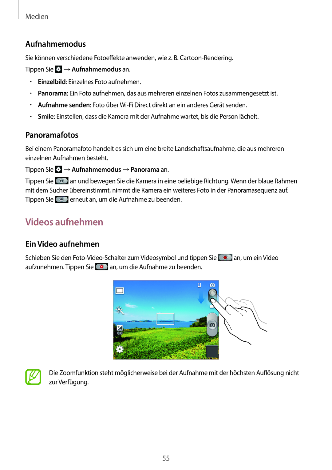 Samsung GT-S6010BBADBT manual Videos aufnehmen, Aufnahmemodus, Panoramafotos, Ein Video aufnehmen 