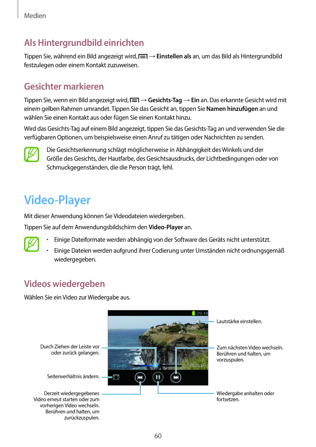 Samsung GT-S6010BBADBT manual Video-Player, Als Hintergrundbild einrichten, Gesichter markieren 