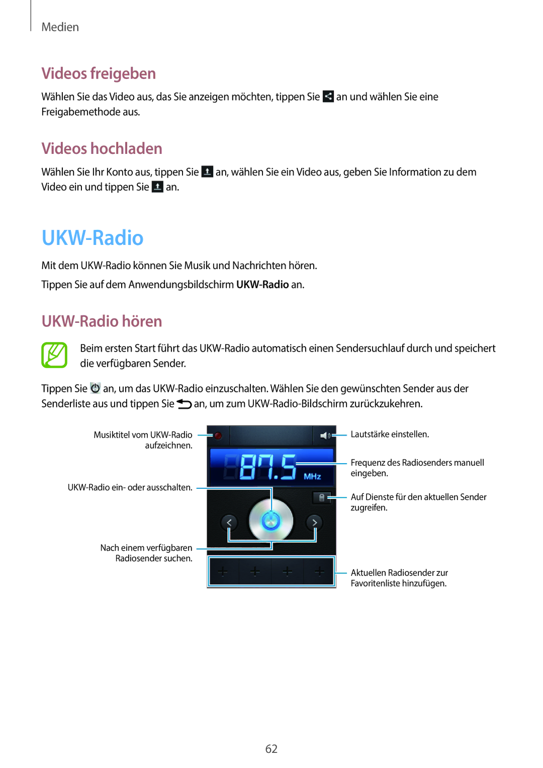 Samsung GT-S6010BBADBT manual Videos hochladen, UKW-Radio hören 