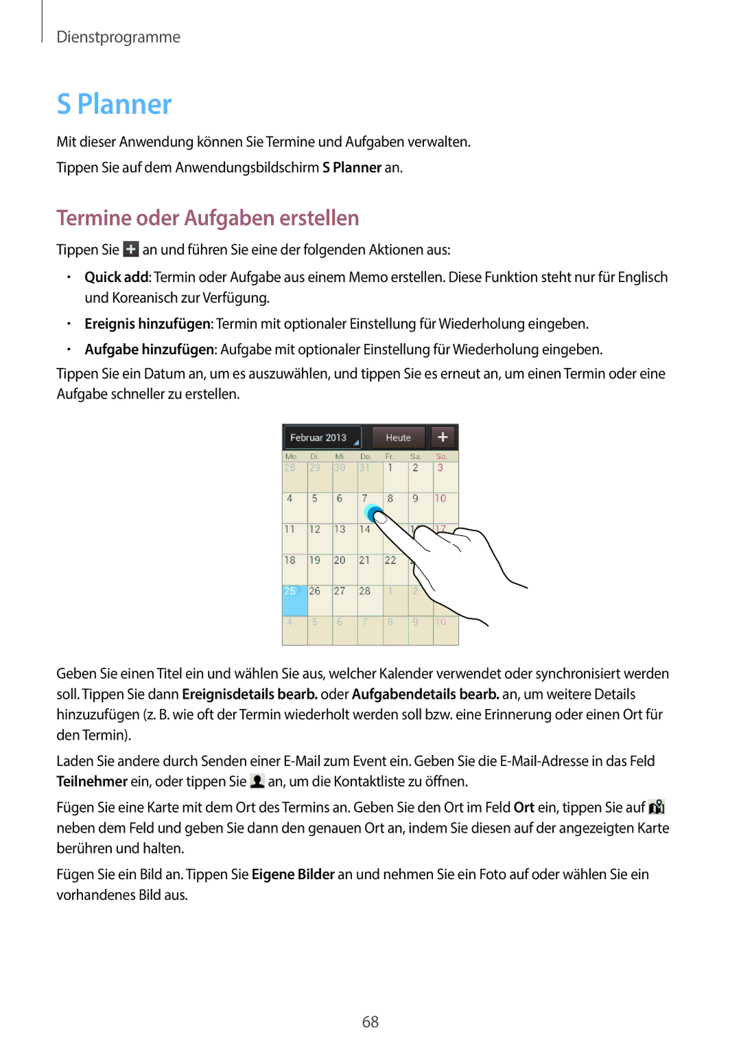 Samsung GT-S6010BBADBT manual Planner, Termine oder Aufgaben erstellen 