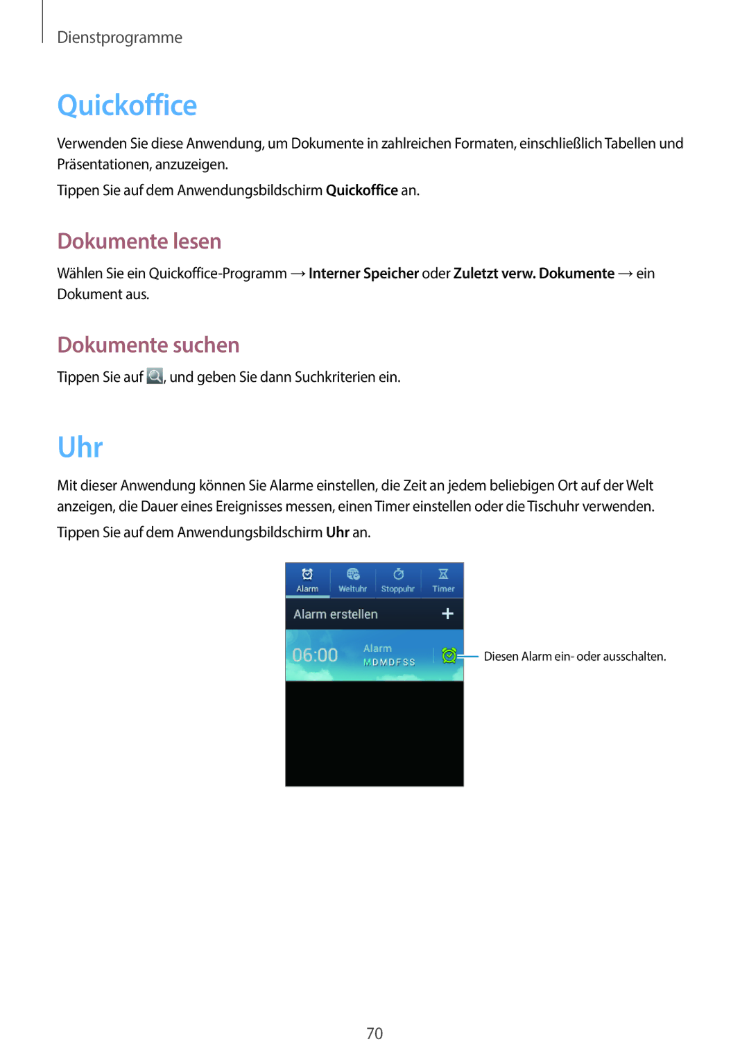 Samsung GT-S6010BBADBT manual Quickoffice, Uhr, Dokumente lesen, Dokumente suchen 