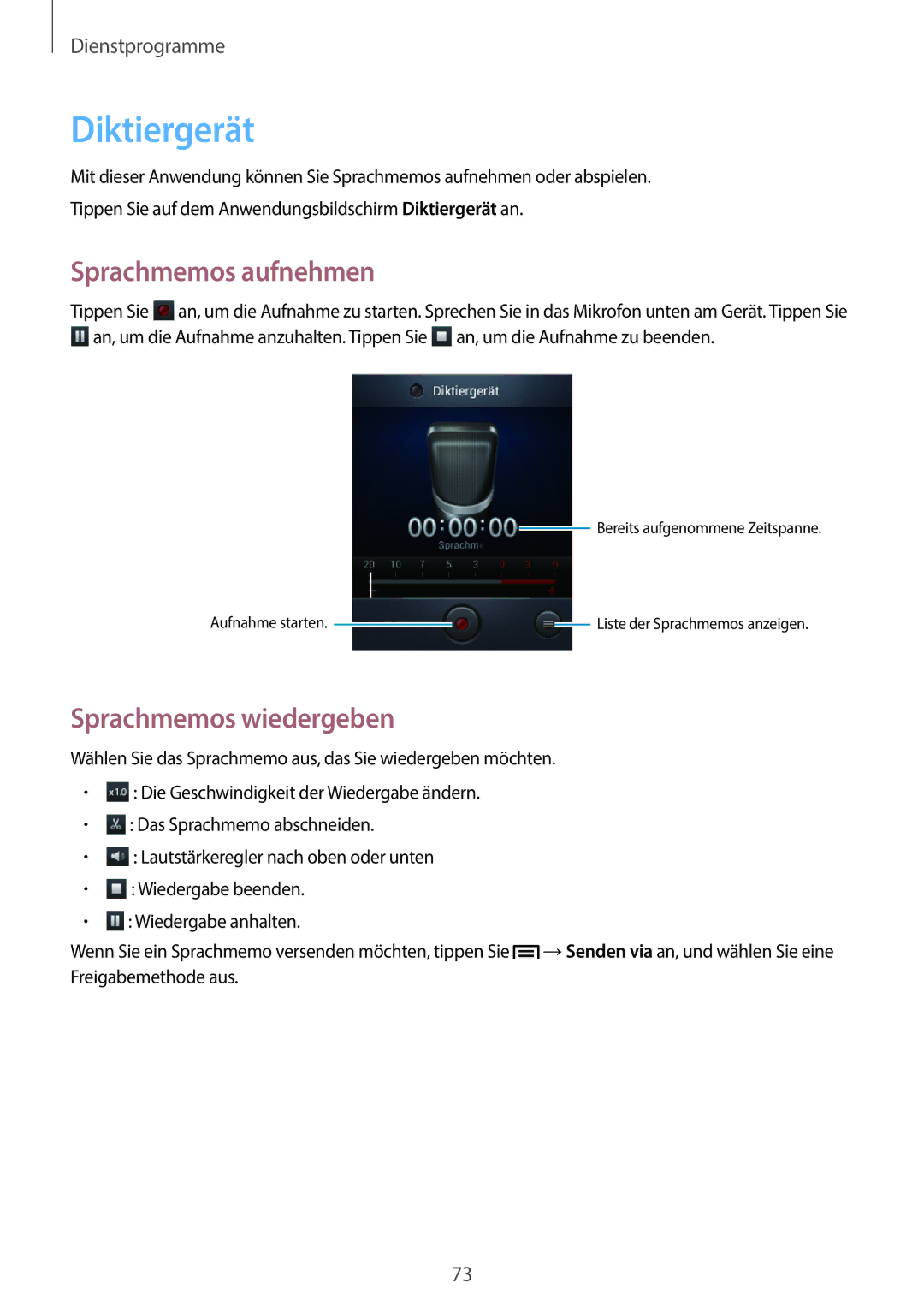 Samsung GT-S6010BBADBT manual Diktiergerät, Sprachmemos aufnehmen, Sprachmemos wiedergeben 