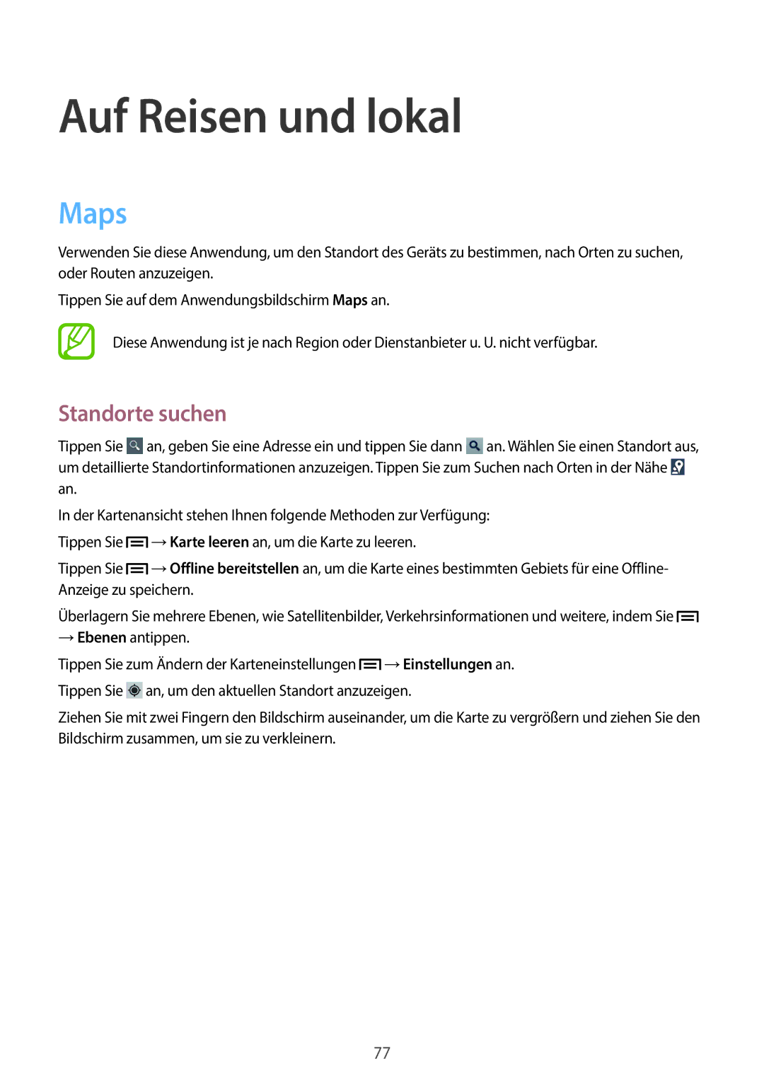 Samsung GT-S6010BBADBT manual Auf Reisen und lokal, Maps, Standorte suchen 