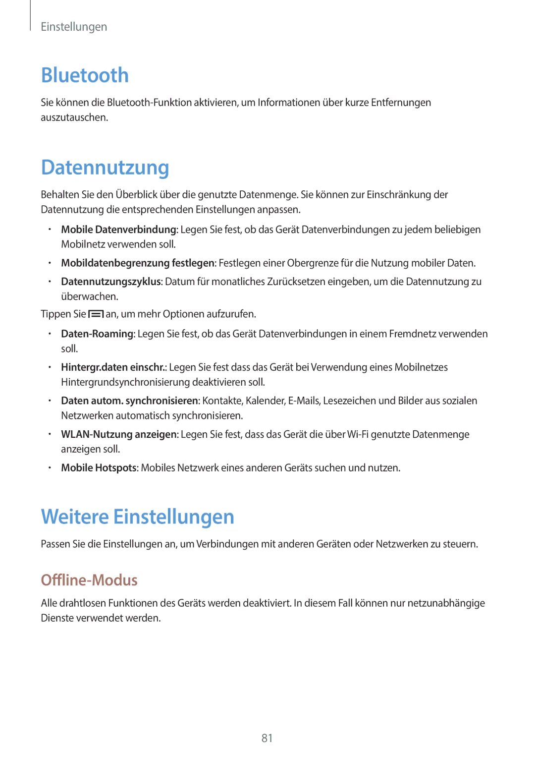 Samsung GT-S6010BBADBT manual Datennutzung, Weitere Einstellungen, Offline-Modus 