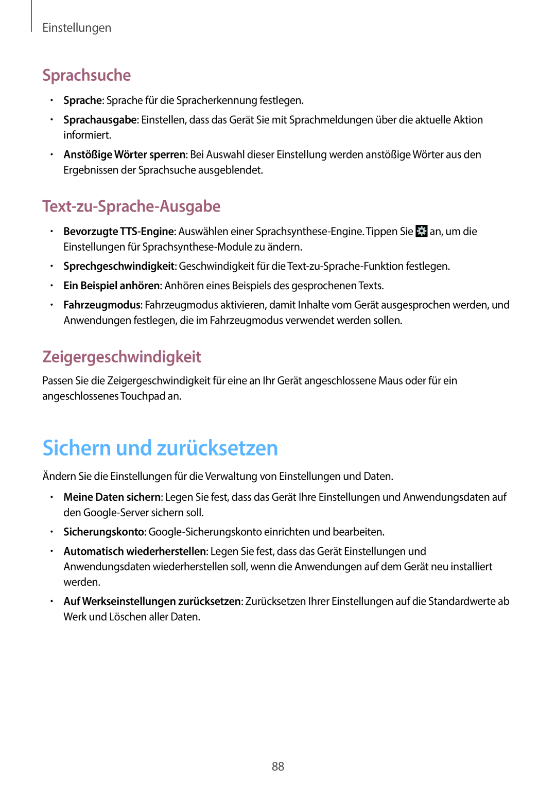 Samsung GT-S6010BBADBT manual Sichern und zurücksetzen, Sprachsuche, Text-zu-Sprache-Ausgabe, Zeigergeschwindigkeit 