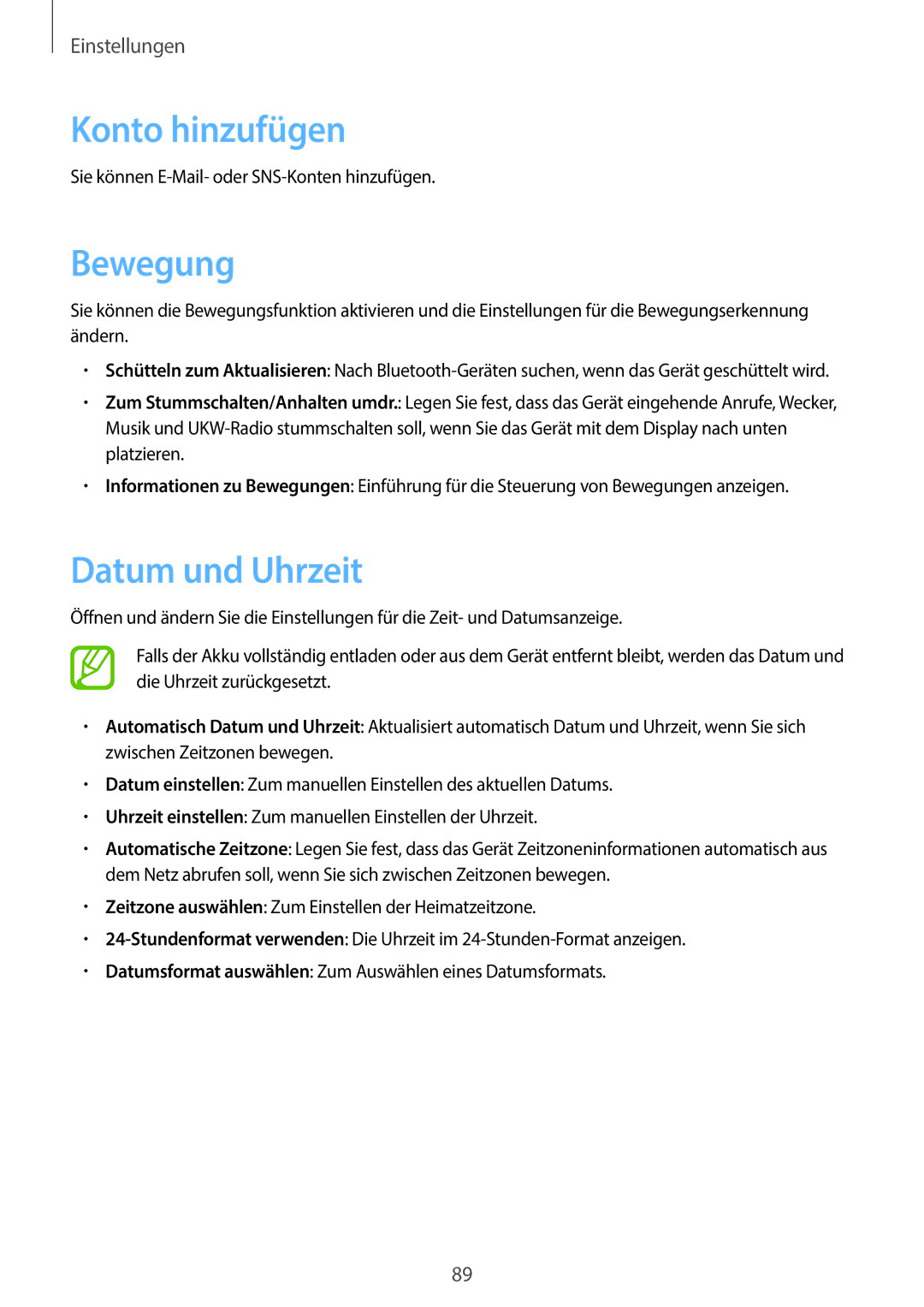 Samsung GT-S6010BBADBT manual Konto hinzufügen, Bewegung, Datum und Uhrzeit 