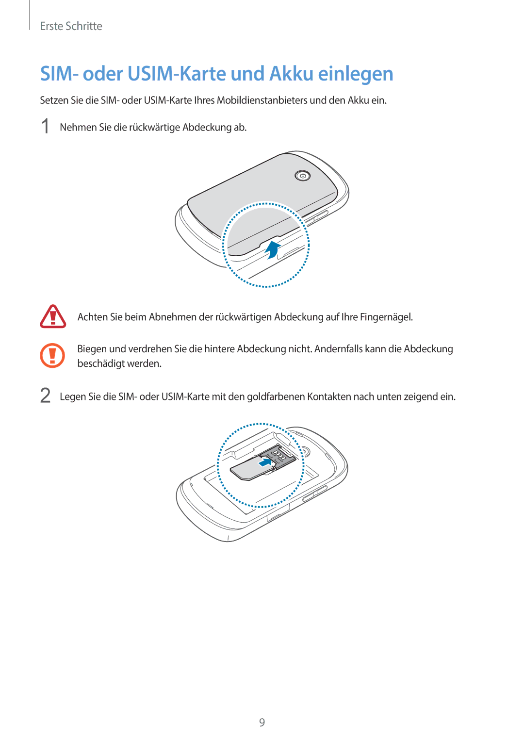 Samsung GT-S6010BBADBT manual SIM- oder USIM-Karte und Akku einlegen 