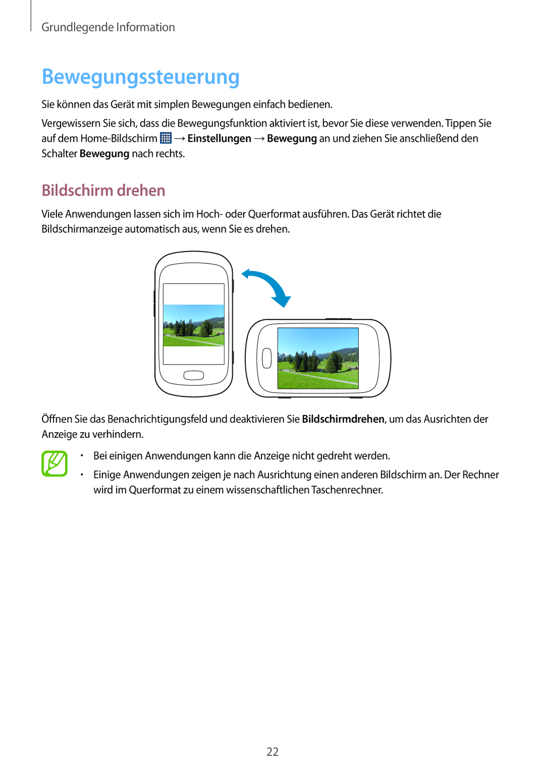 Samsung GT-S6010BBADBT manual Bewegungssteuerung, Bildschirm drehen 