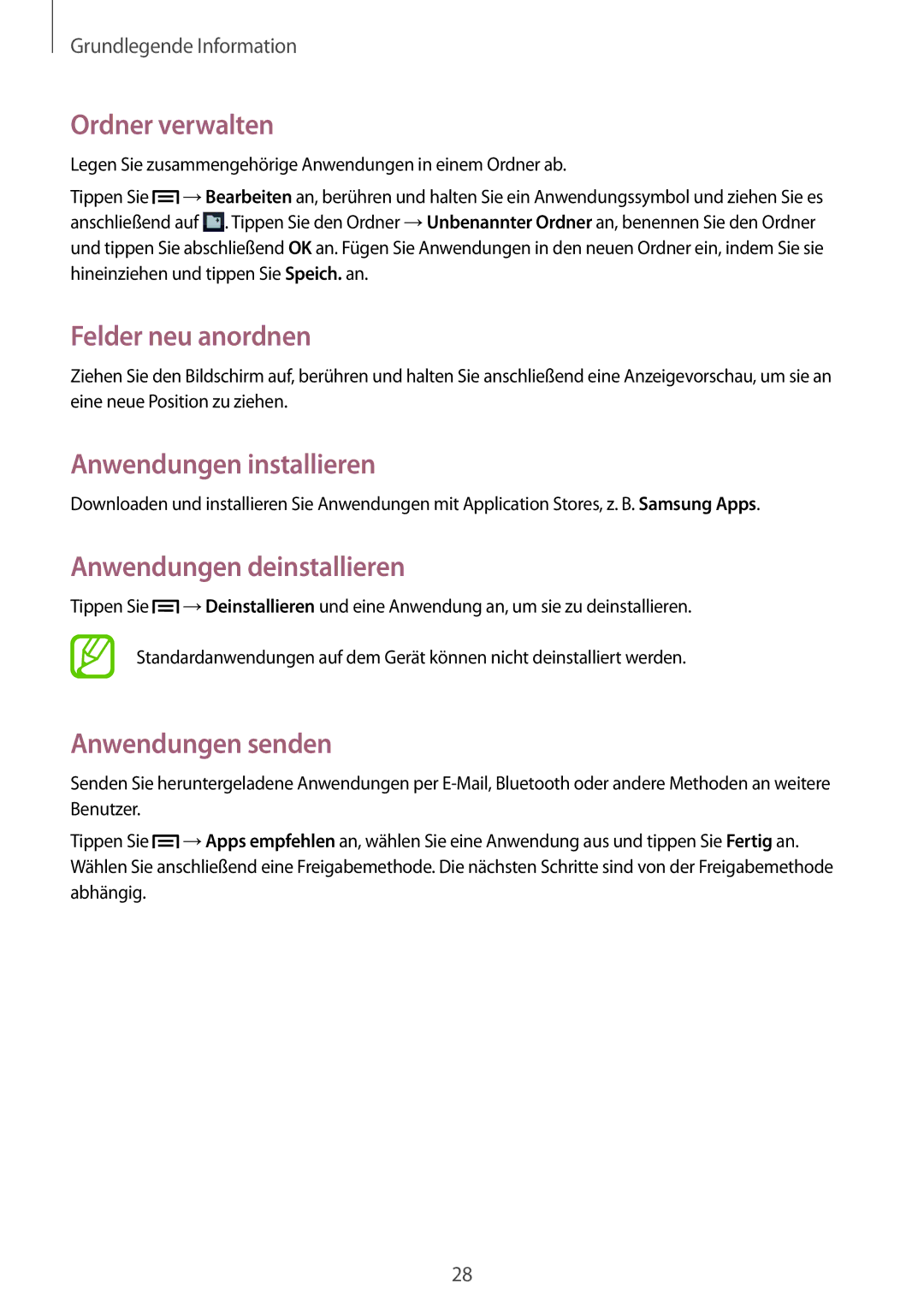 Samsung GT-S6010BBADBT manual Ordner verwalten, Anwendungen installieren, Anwendungen deinstallieren, Anwendungen senden 