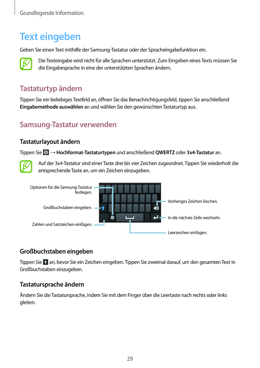 Samsung GT-S6010BBADBT manual Text eingeben, Tastaturtyp ändern, Samsung-Tastatur verwenden 