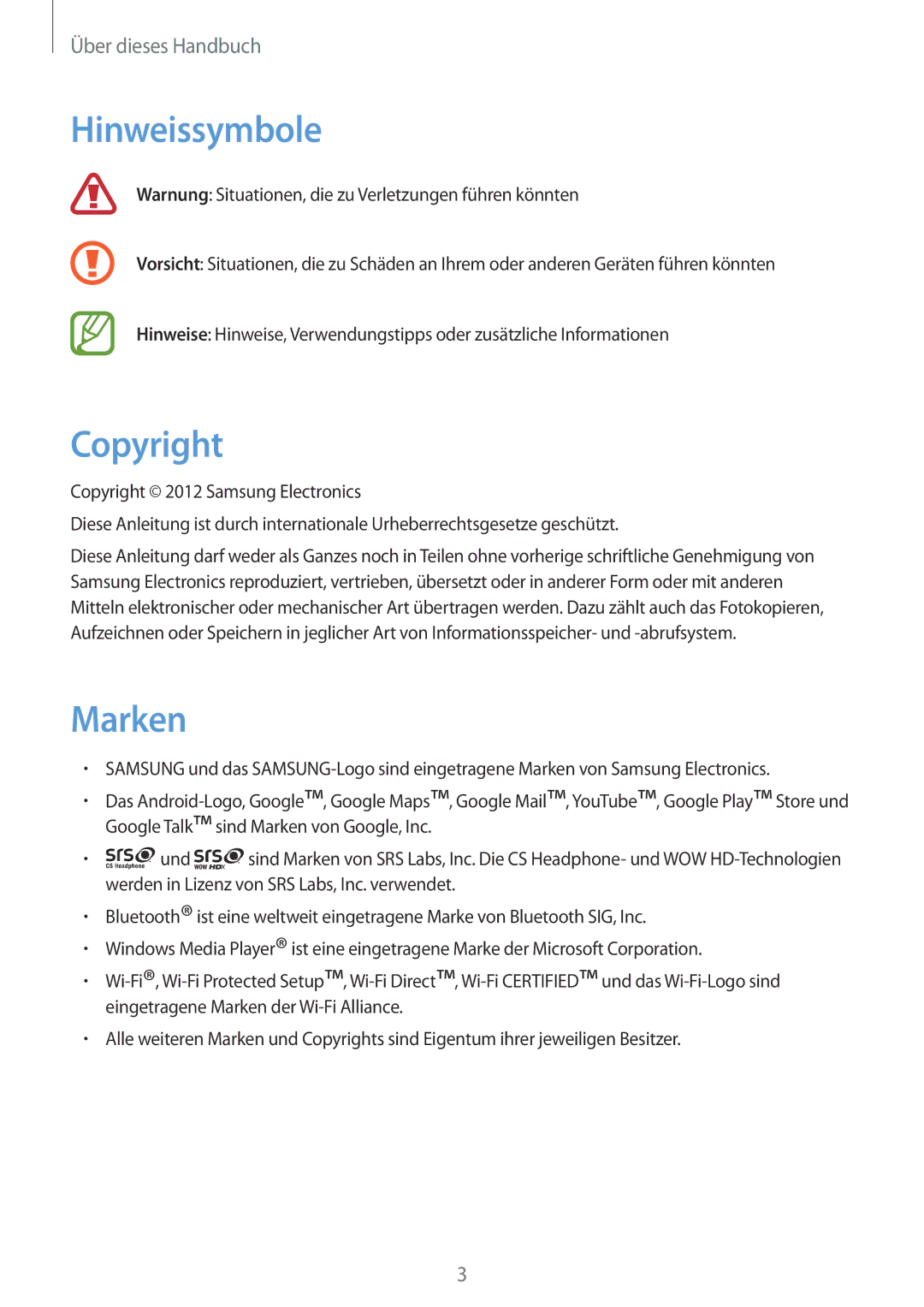 Samsung GT-S6010BBADBT manual Hinweissymbole, Copyright, Marken 