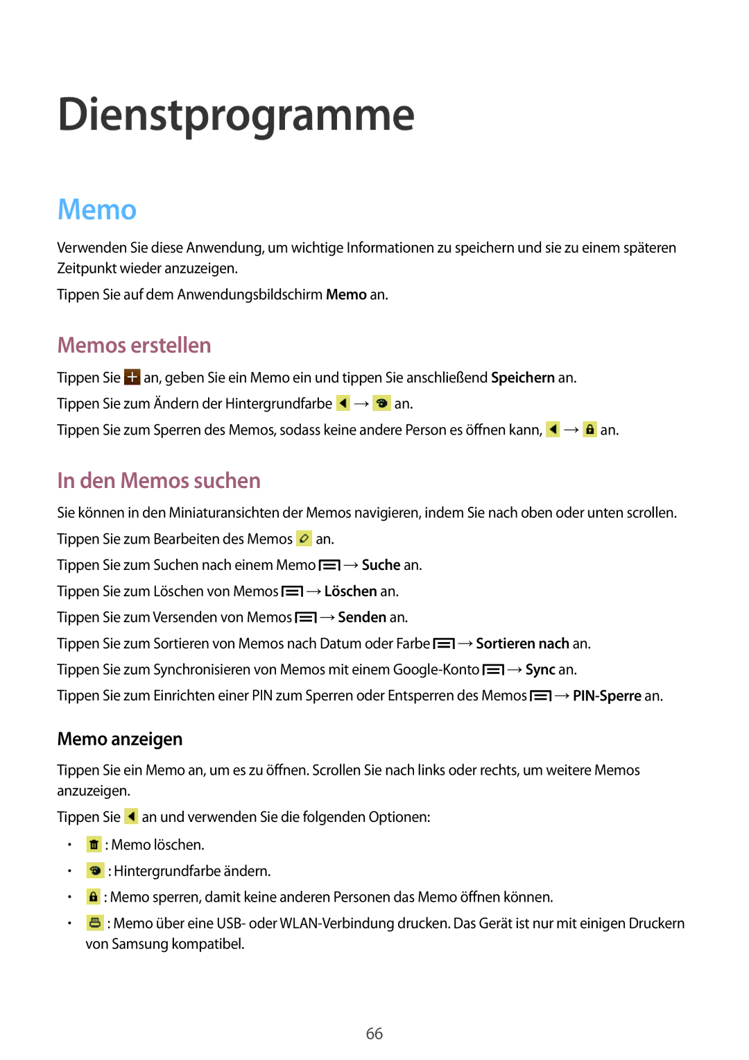 Samsung GT-S6010BBADBT manual Dienstprogramme, Memos erstellen, Den Memos suchen, Memo anzeigen 