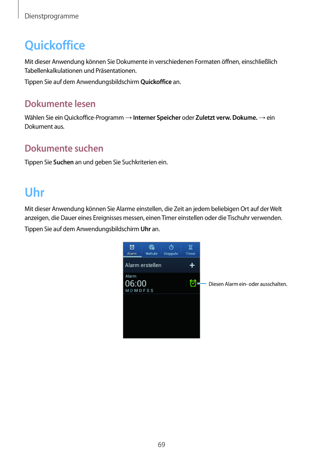 Samsung GT-S6010BBADBT manual Quickoffice, Uhr, Dokumente lesen, Dokumente suchen 
