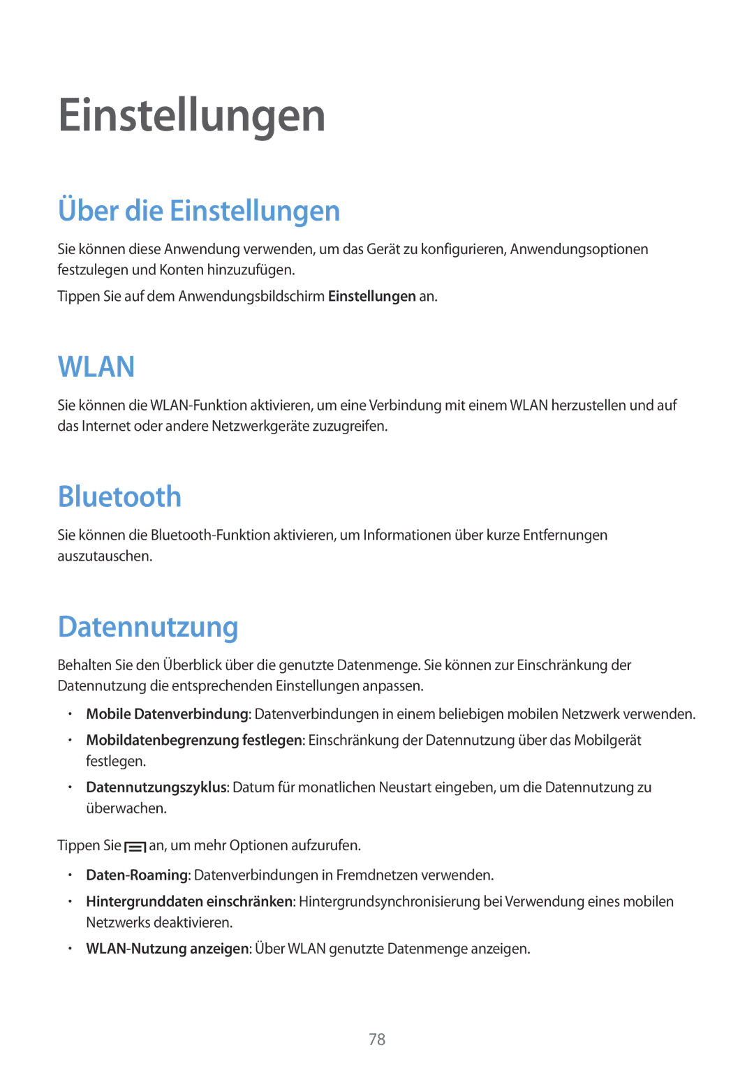 Samsung GT-S6010BBADBT manual Über die Einstellungen, Datennutzung 