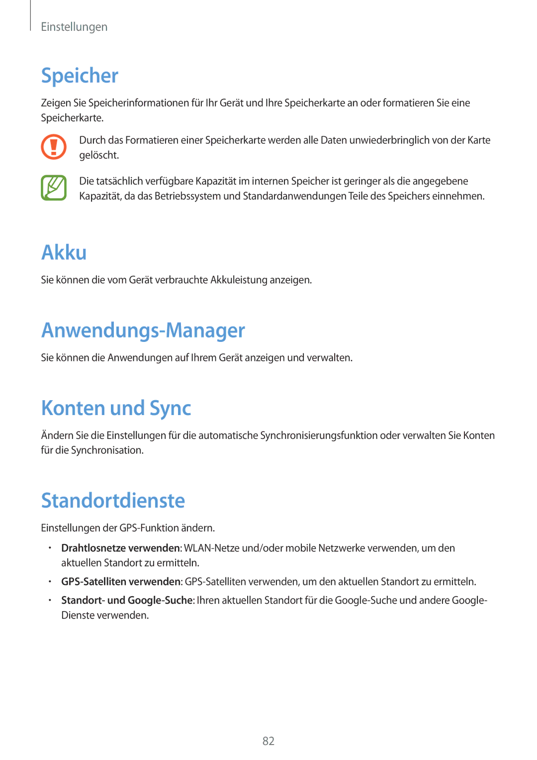 Samsung GT-S6010BBADBT manual Speicher, Akku, Anwendungs-Manager, Konten und Sync, Standortdienste 