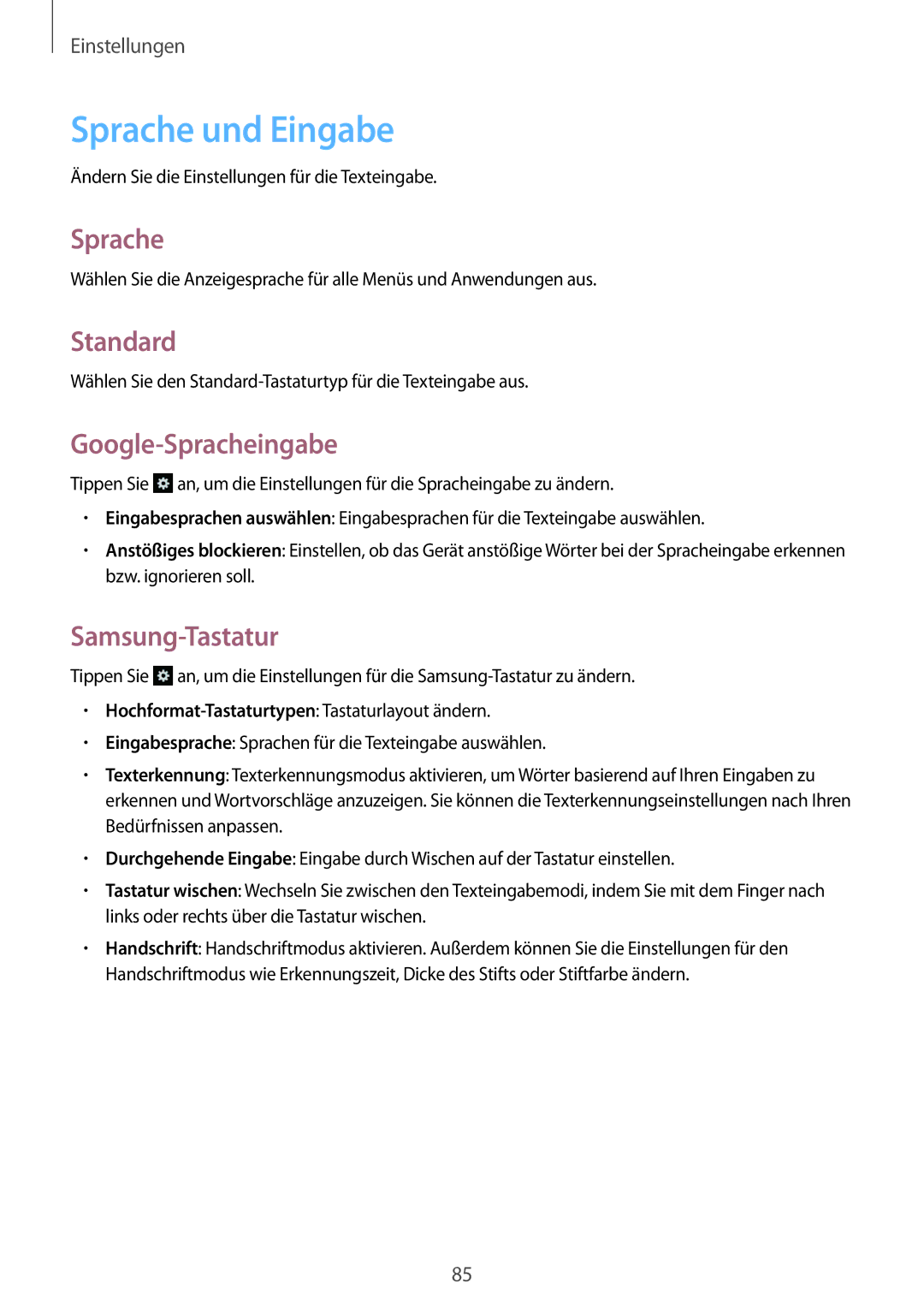 Samsung GT-S6010BBADBT manual Sprache und Eingabe, Standard, Google-Spracheingabe, Samsung-Tastatur 