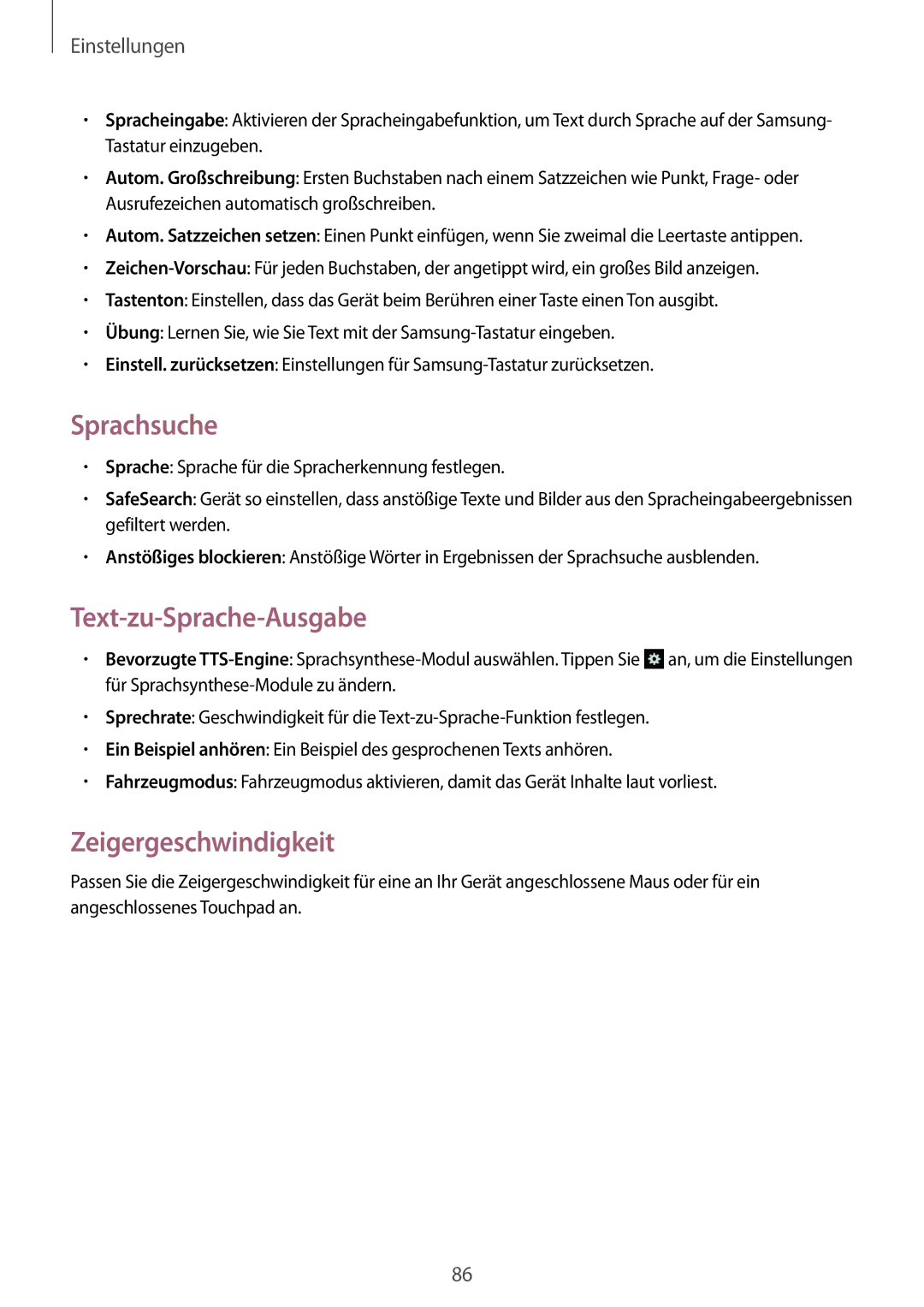 Samsung GT-S6010BBADBT manual Sprachsuche, Text-zu-Sprache-Ausgabe, Zeigergeschwindigkeit 